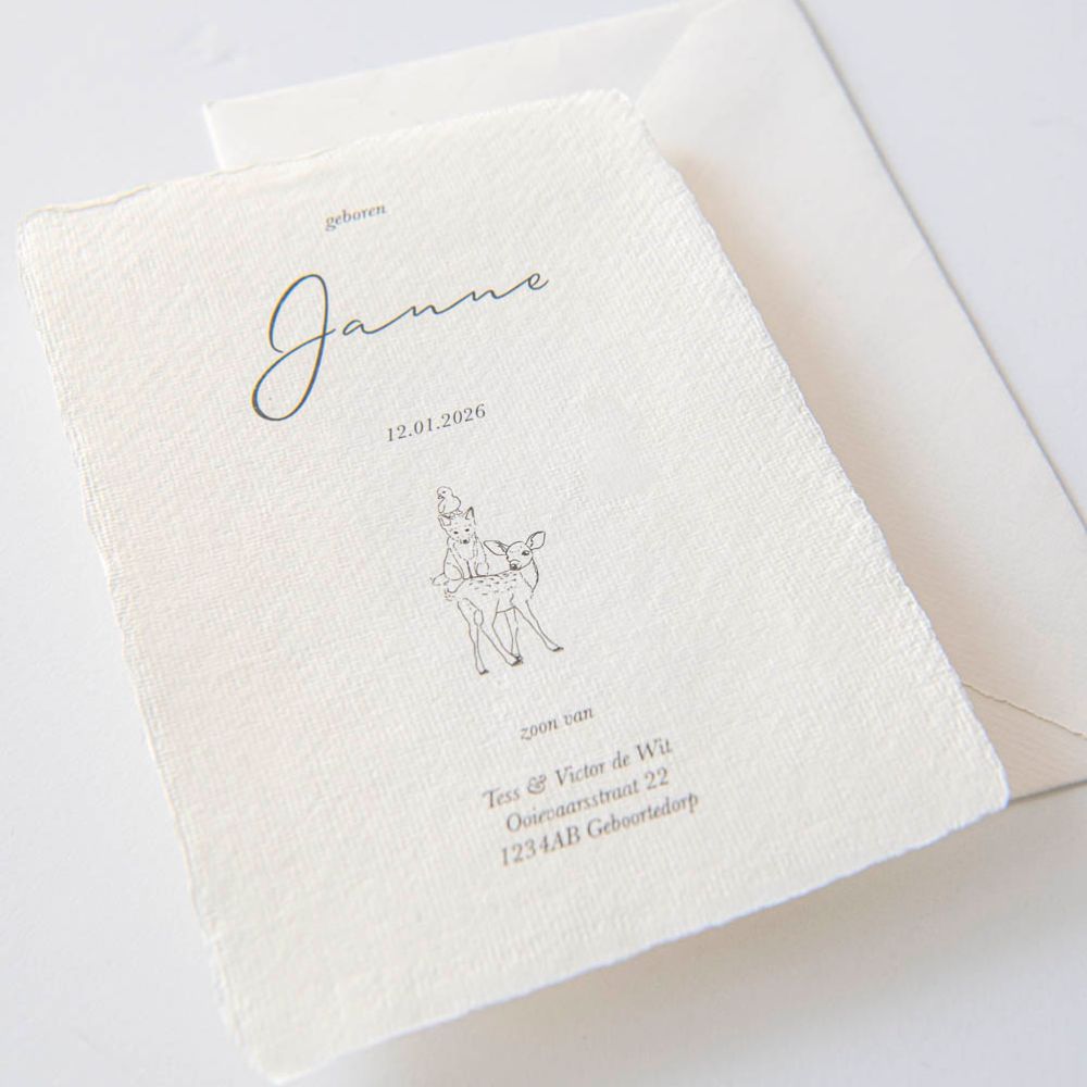 Geboortekaartje handgeschept papier klassiek bosdieren